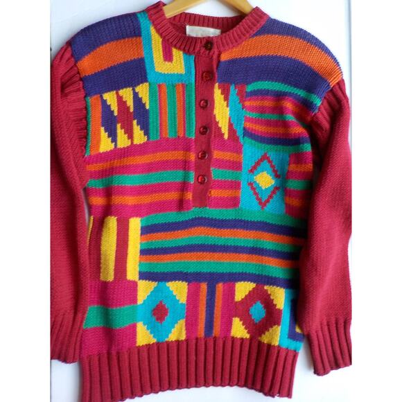 Vtg John Henry Pink Sweater Women Medium Geometric Multicolor Y2K Ramie Button - Picture 6 of 11
